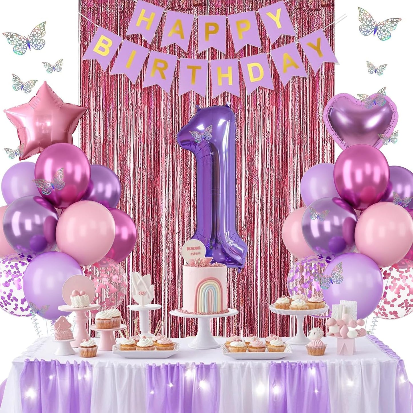 Pink Purple 1st Birthday Party Decorations for Girls Number 1 Balloon Happy Birthday Banner Butterfly Stickers Fringe Curtain Paper Pom Poms Metallic Hot Pink Star Foil Balloons Baby 1 Year Old Decor