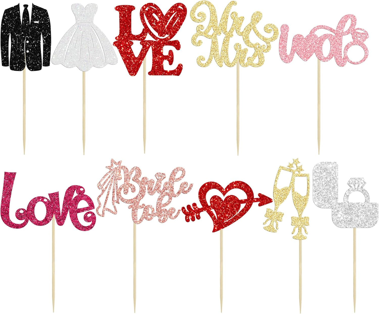 Ephlyn 30Pcs Bride to be Cupcake Toppers Glitter Wedding Cake Topper Decorations I Do Love Heart Ring Cupcake Picks for Bridal Shower Wedding Engagement Party Supplies Multicolor