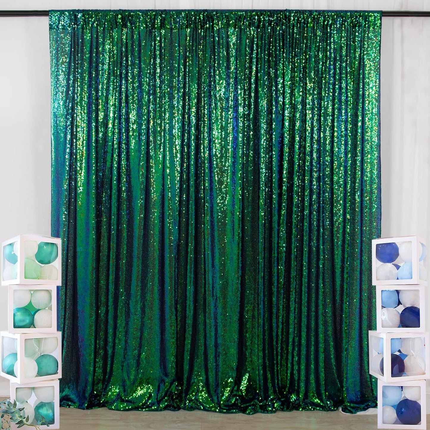 ShinyBeauty Iridescent Green Sequin Backdrop 10FTx10FT Photo Backdrops Green Blue Curtains 10FT Shimmer Fabric Backdrop Christmas, Happy Birthday, Studio Backgrounds