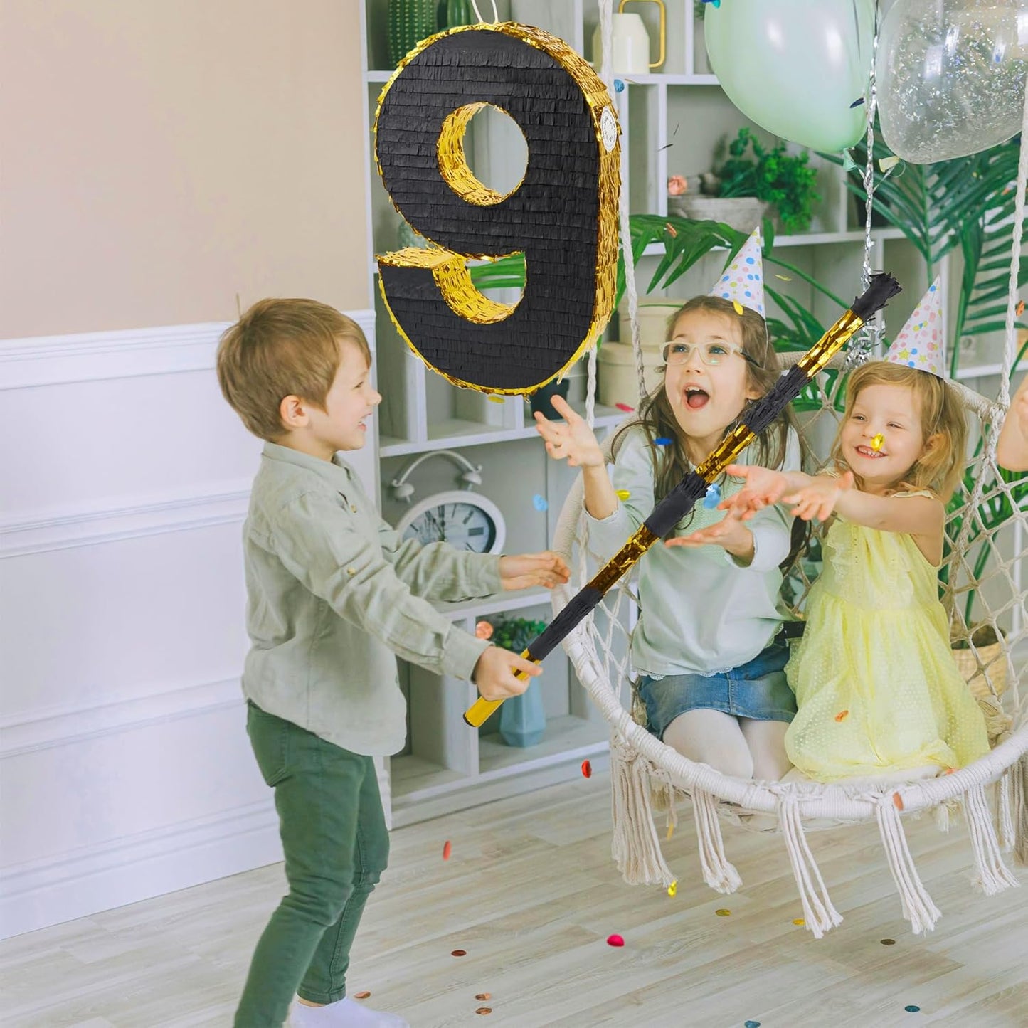 PCFING 20 Inch Number 9 Piñata Gold Black with 30 Inch Piñata Stick Blindfold Confetti for Man Women Boys Girls Birthday Party Decorations, Anniversary Celebration, Fiesta