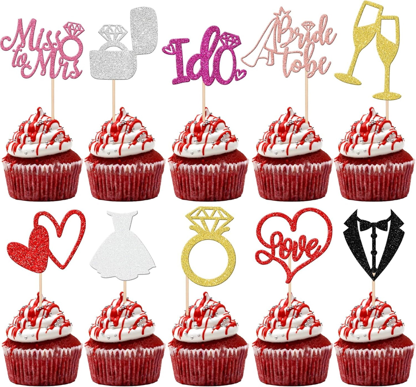 30 PCS He Asked She Said Yes Cupcake Toppers Glitter Engagement Cupcake Toppers Miss to Mrs I Do Love Heart Ring Miss to Mrs Cupcake Picks for Wedding Engagement Party Cake Decorations Supplies Multi