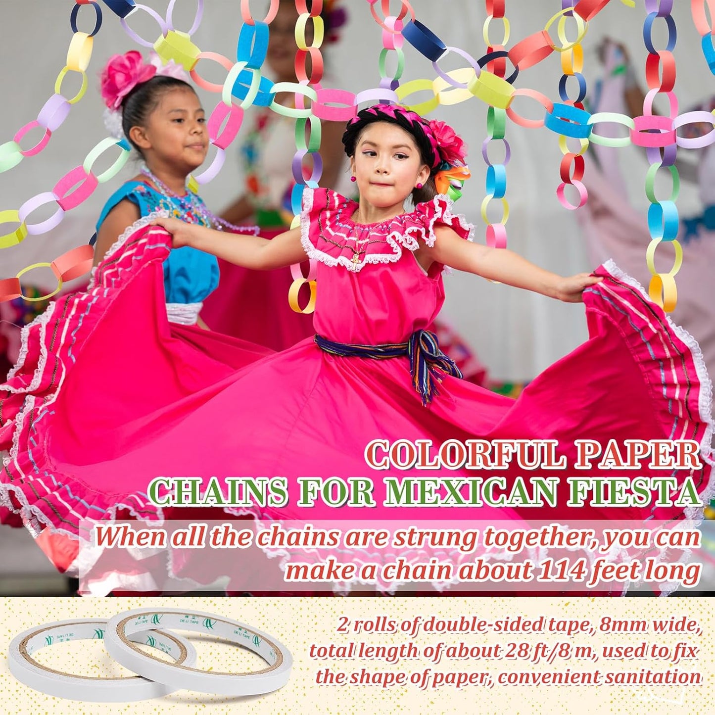 Lincia 600 Sheet Halloween Paper Chain Garland, Construction DIY Crafts Chain Strip for Fall Thanksgiving Party Decor, 1x8 Inch with Double Sided Tape (Mexican Festival)