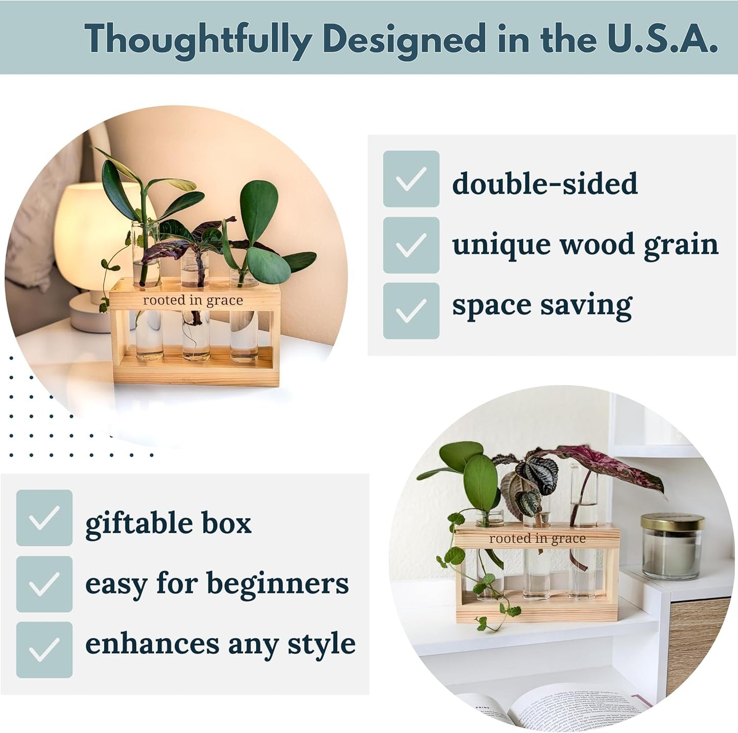 Rooted in Grace: Plant Propagation Stations: Plant Cutting Holder w/ 3 Glass Propagation Vases, Unique & Encouraging Christian Gifts for Women, Faith-Inspired Home Decor