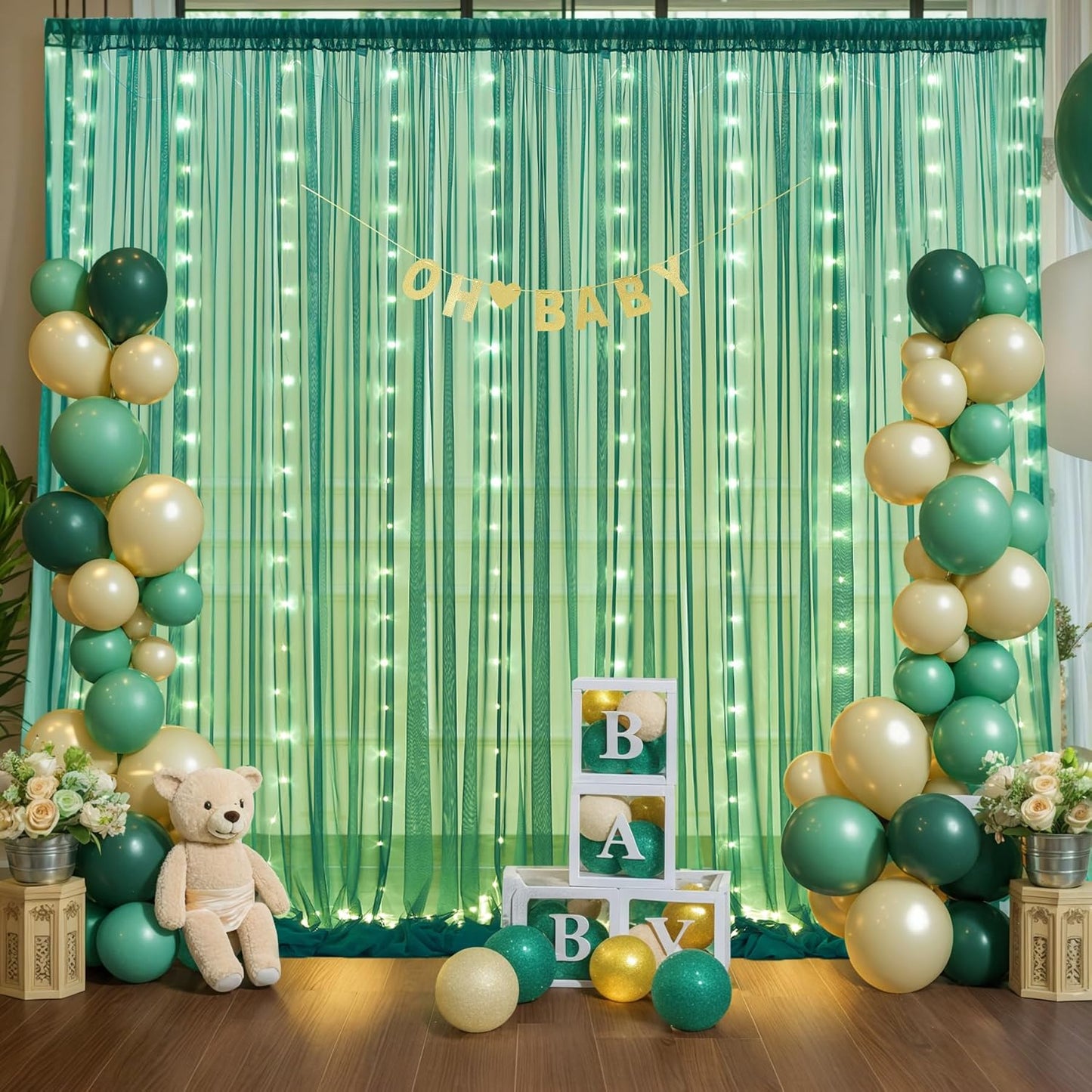 Hunter Green Tulle Backdrop Curtains with Lights String for Parites 10x8ft Sheer Backdrop Curtains Drapes for Birthday Party Bridal Shower Baby Shower Photo Booth Background Decorations