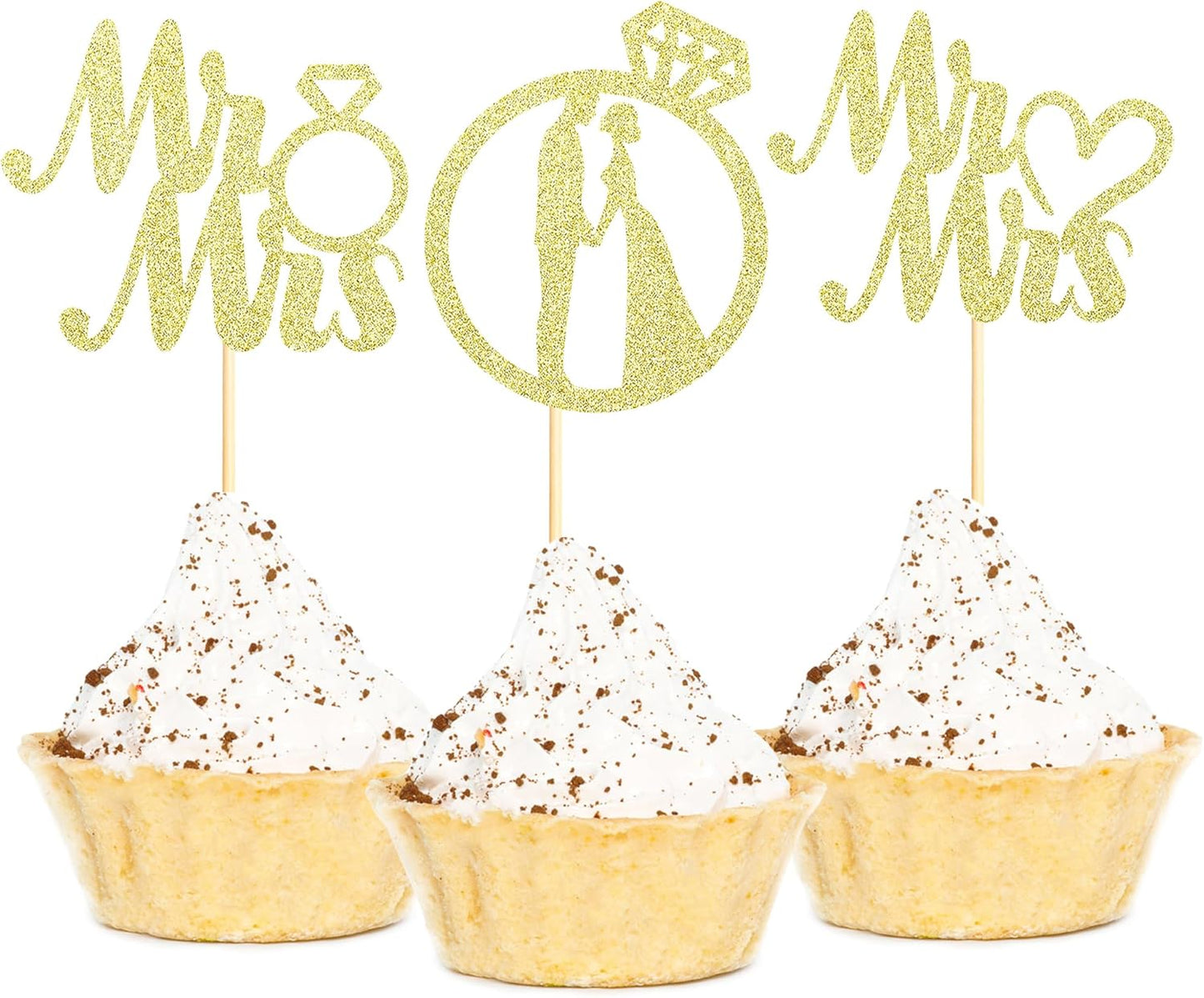 Sotpot 24PCS Miss to Mrs Cupcake Toppers with Ring Gold Glitter for Wedding Bridal Shower Wedding Engagement Party Cake Decorations