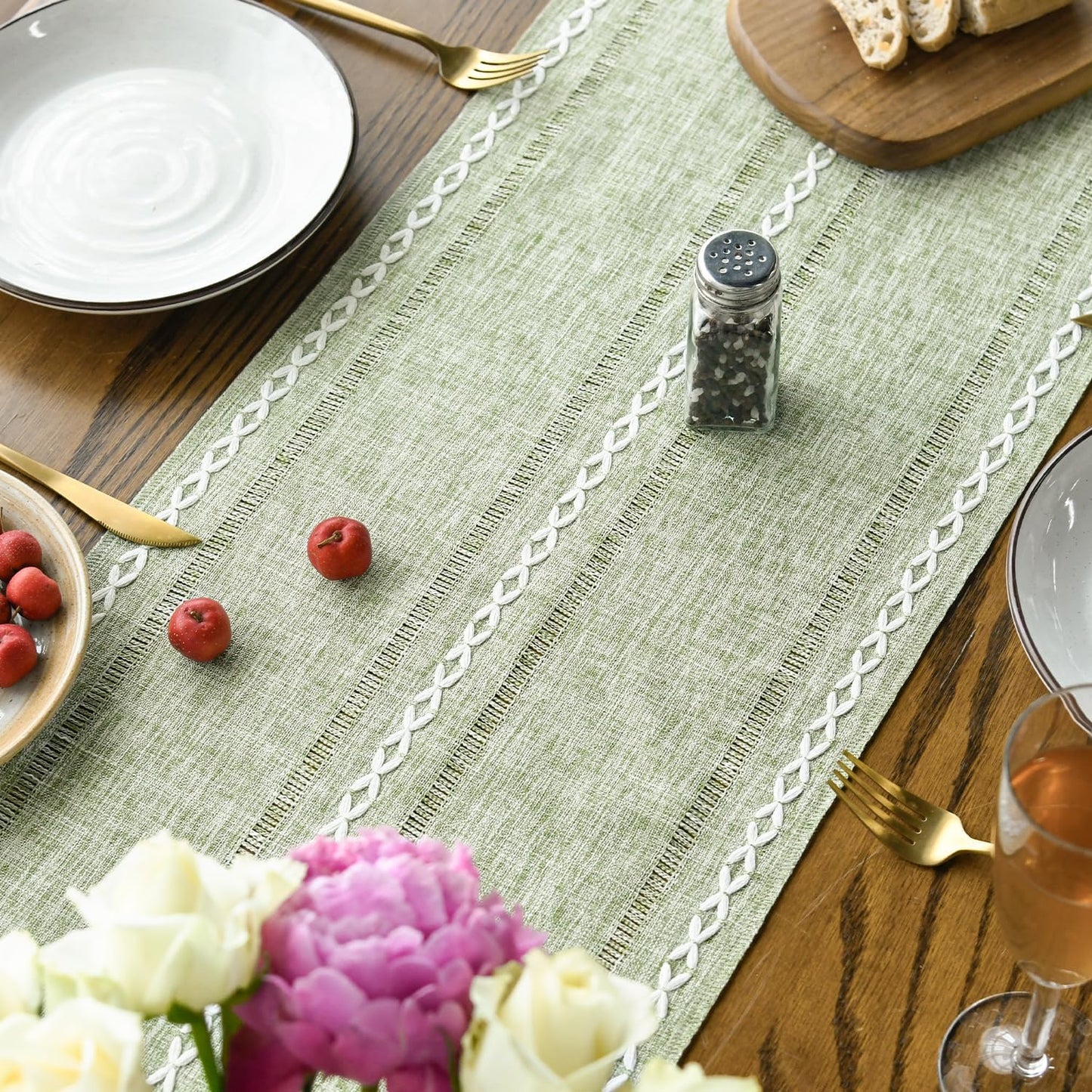Artoid Mode Sage Green Rustic Cotton Linen Table Runner, Seasonal Embroidered Hollow Kitchen Dining Table Decoration for Home Party Decor 13x72 Inch