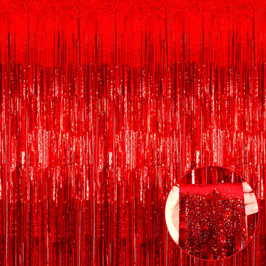 4 Pack Red Tinsel Foil Fringe Curtain Backdrop, 3.28Ft x 8.2Ft Metallic Streamers for Photo Booth Props Wedding Bridal Shower Bachelorette Birthday Halloween Christmas Party Decoration