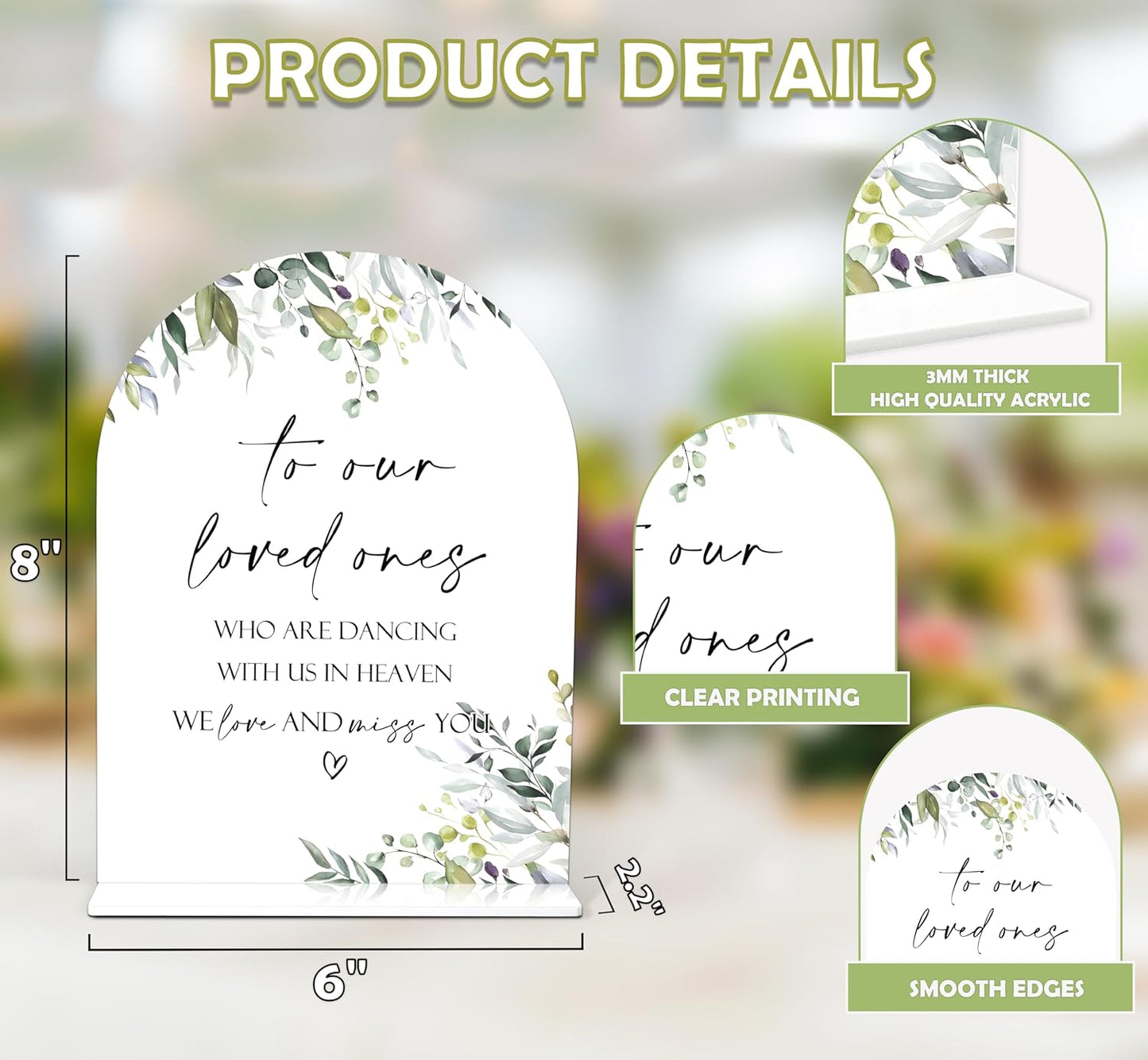 Greenery Wedding Memorial Sign, 6 x 8 Inch White Arch Acrylic Wedding Sign with Holder, Wedding Sign for Ceremony and Reception, Wedding Decoration, Wedding Supplies - LY11