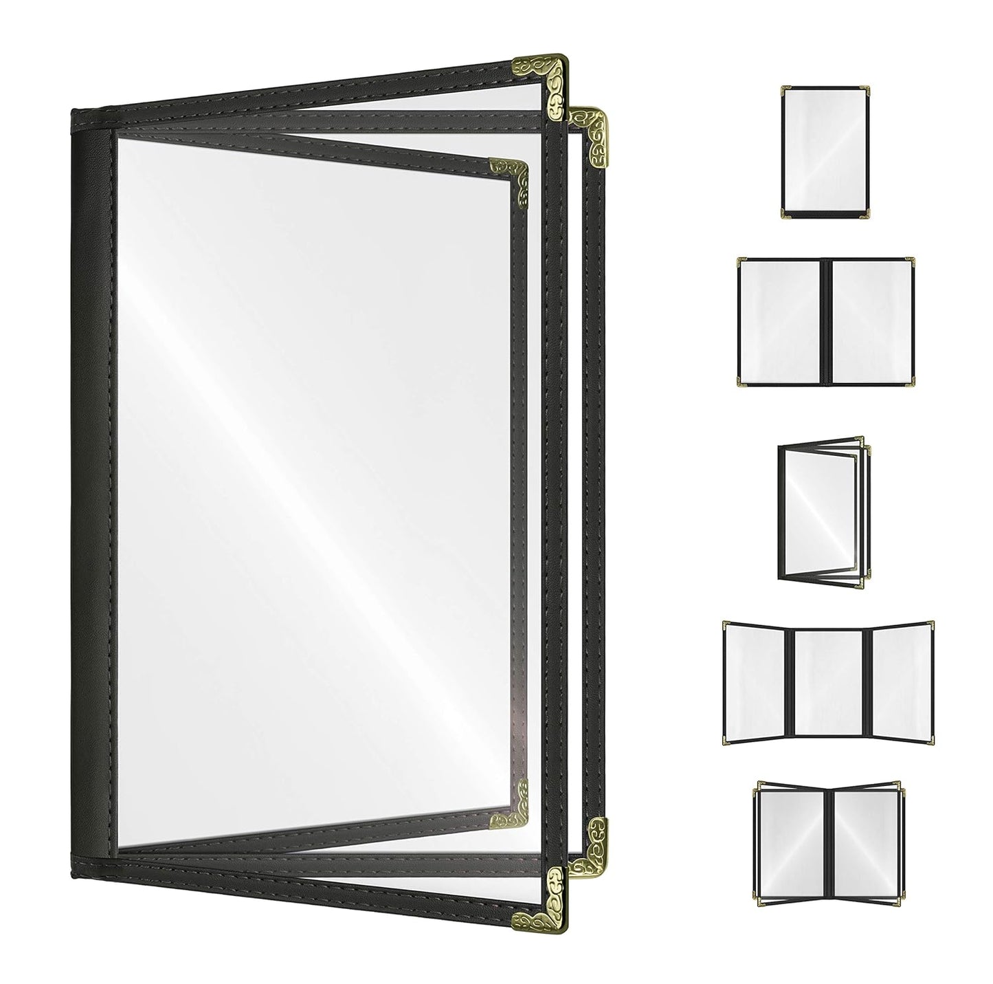 Goodsmart Restaurant Menu Covers – 25 Pack Black 6-View Booklet 5.5" x 8.5", Side-Loading Vinyl & Plastic Menu Holders, Clear Menu Sleeves, Leather-Style Café Covers with Gold Corners