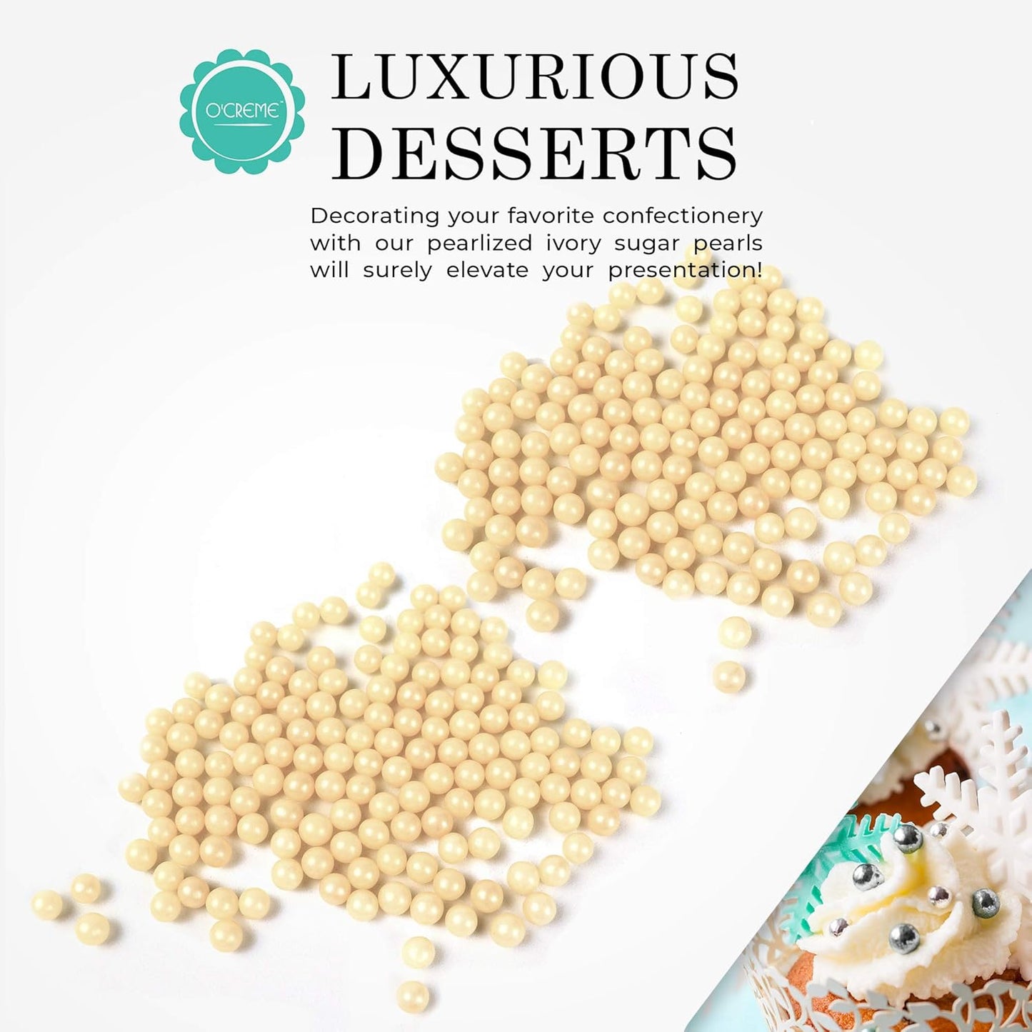 O'Creme Ivory Edible Sugar Pearls Cake Decorating Supplies for Bakers: Cookie, Cupcake & Icing Toppings, Beads Sprinkles For Baking, Certified, Candy Sugar Ball Accents (5mm, 32 oz)
