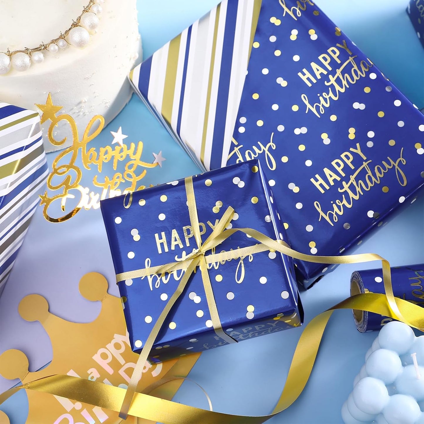 LeZakaa Reversible Blue Birthday Wrapping Paper Roll for Boys Men, Happy Birthday Lettering & Stripe Pattern with Metallic Foil in Navy Blue, Mini Roll, 17 inches x 32.8 Feet (46.45 sq.ft.)