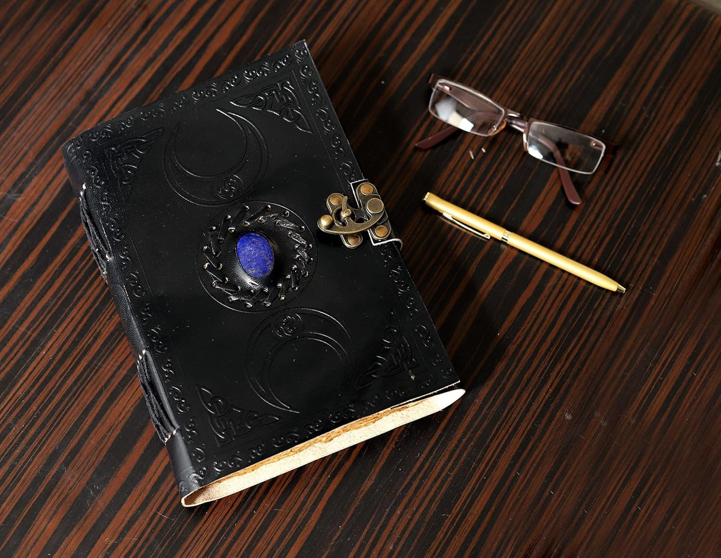 cuero 3 Moon Blue Lapiz Embossed Vintage Leather Journal | 240 Pages of Antique Handmade Deckle Edge Vintage Paper, Leather Sketchbook, Drawing Journal, Great Gift (6 inch by 8 inch, black)