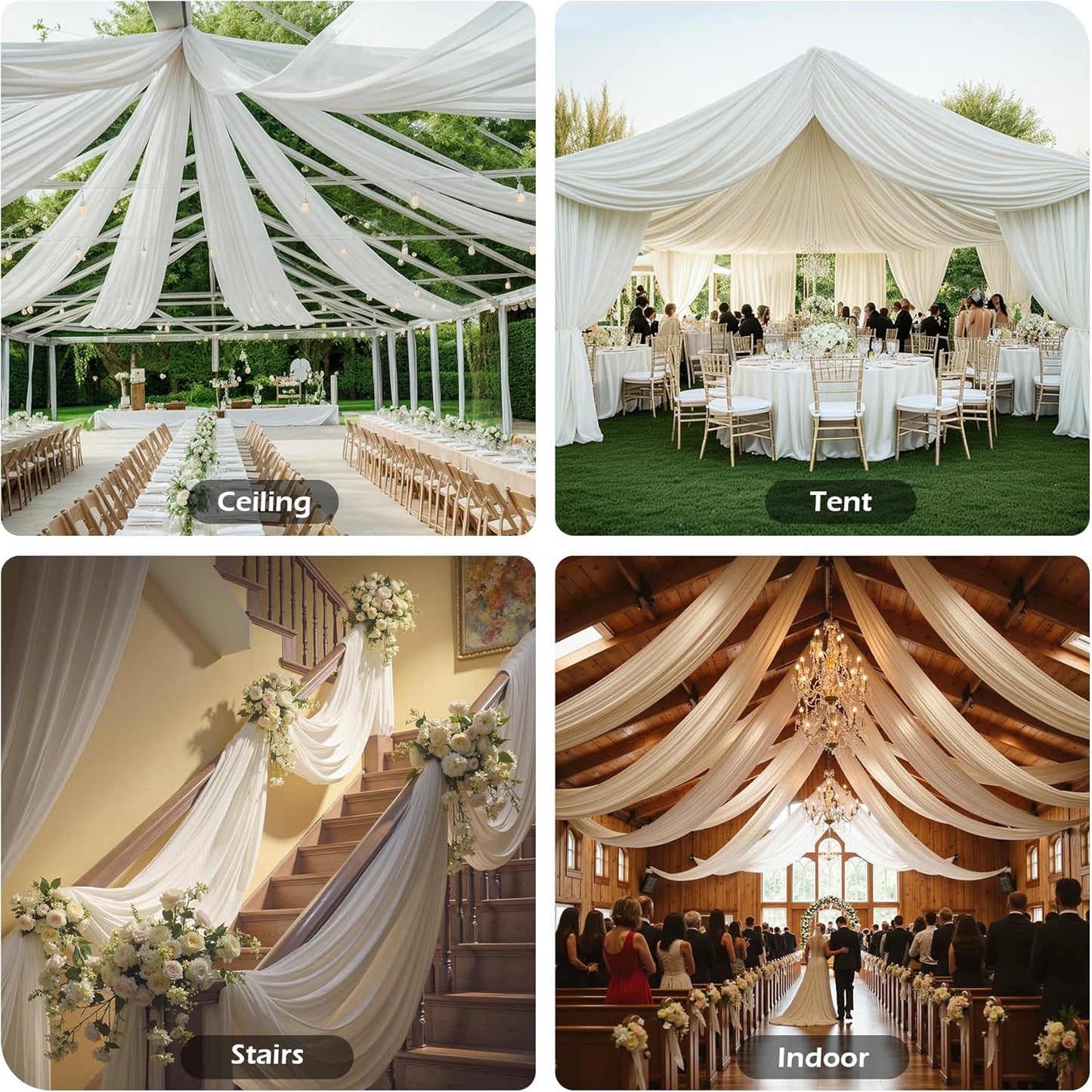 PartyVillage 4 Panels 5ftx30ft Ivory Ceiling Drapes for Wedding Parties – 30 FT Extra Long Thick Polyester Wrinkle-Free Drapery Tent Decor Decorations for Birthday Party Ceremony Stage Swag