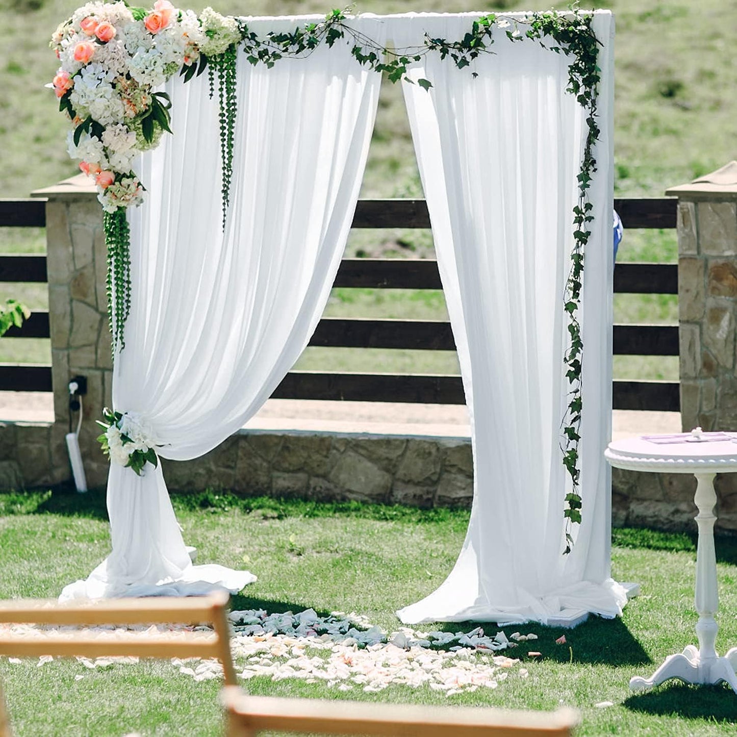 PARTISKY 10x7ft White Chiffon Backdrop Curtains (2 Panels 5x7ft Each) - Wrinkle-Free Sheer Fabric Photo Drapes for Wedding Ceremony Arch Birthday Baby Shower Photography Stage Decor