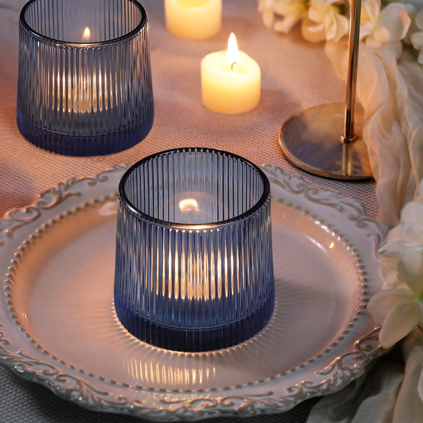 DARJEN Blue Ribbed Tealight Votive Candle Holders Set of 10- Votive Candle Holders for Table Centerpiece, Tea Light Candle Holder Glass for Wedding and Home Decor, Blue Decor and Gifts