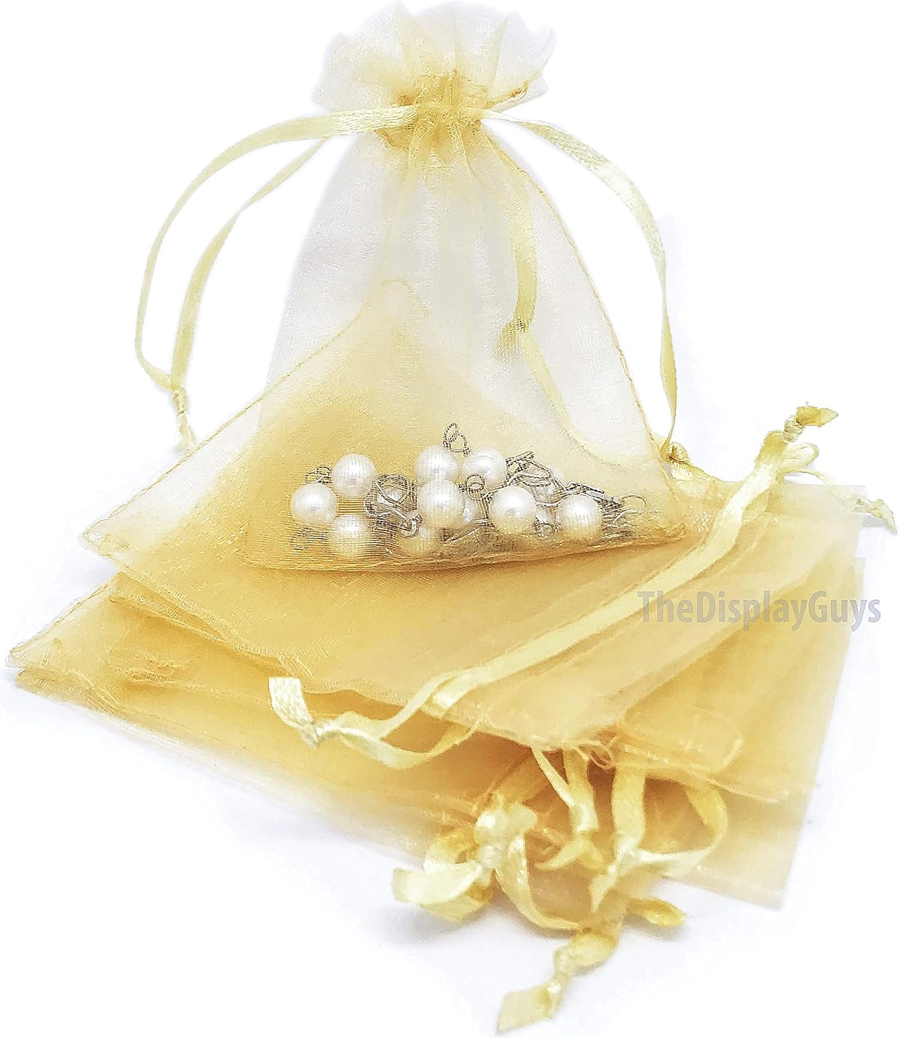 TheDisplayGuys 48-Pack 6x8 Gold Sheer Organza Gift Bags with Drawstring, Goodie Bags for Jewelry, Candy Bags, Treat Bags, Wedding Favors Small Mesh Bags