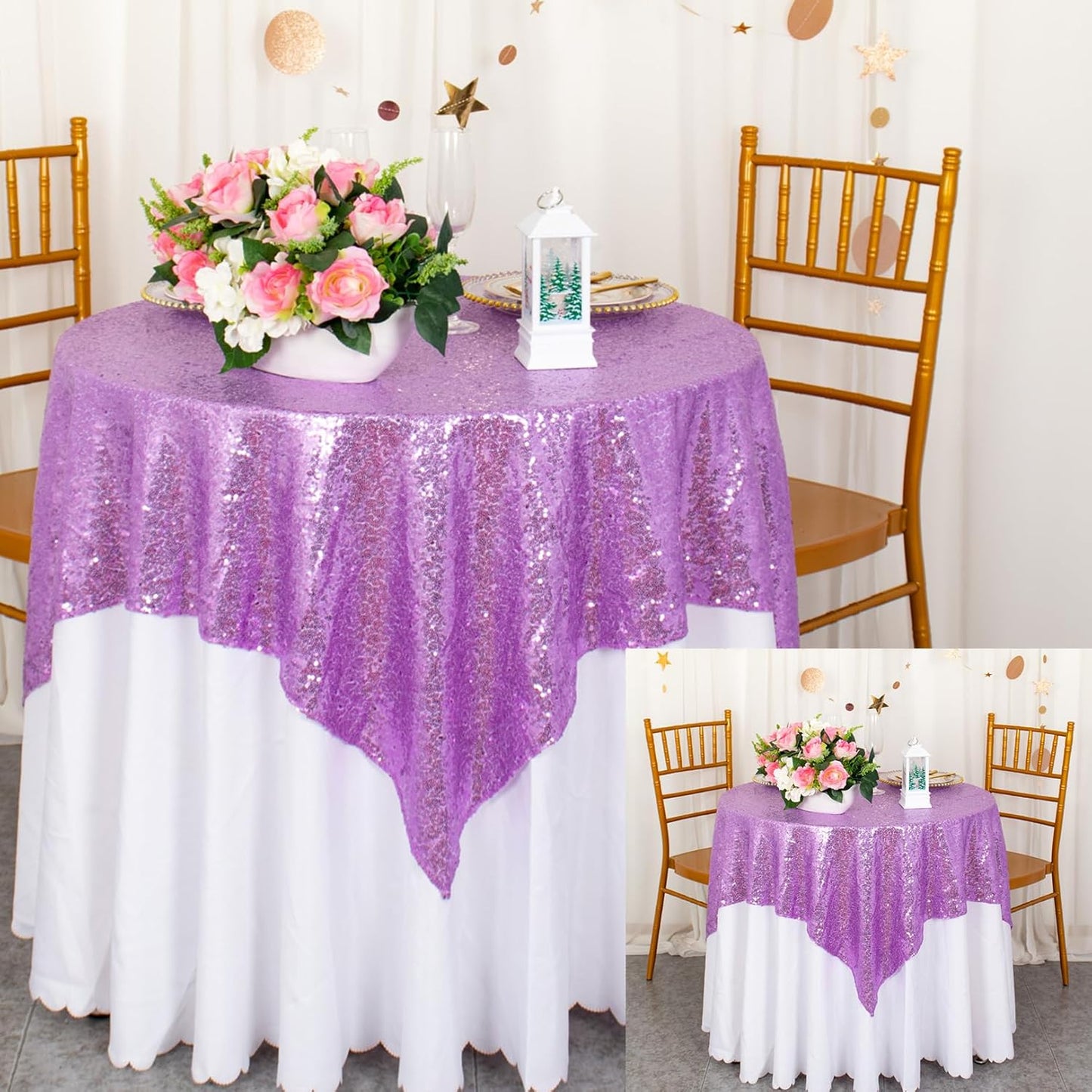 ShinyBeauty 36x36 Inch Sequin Tablecloth 2-Pack - Lilac Sparkle Table Overlay for Weddings, Birthdays, Parties, Lavender Shimmer Square Table Cover