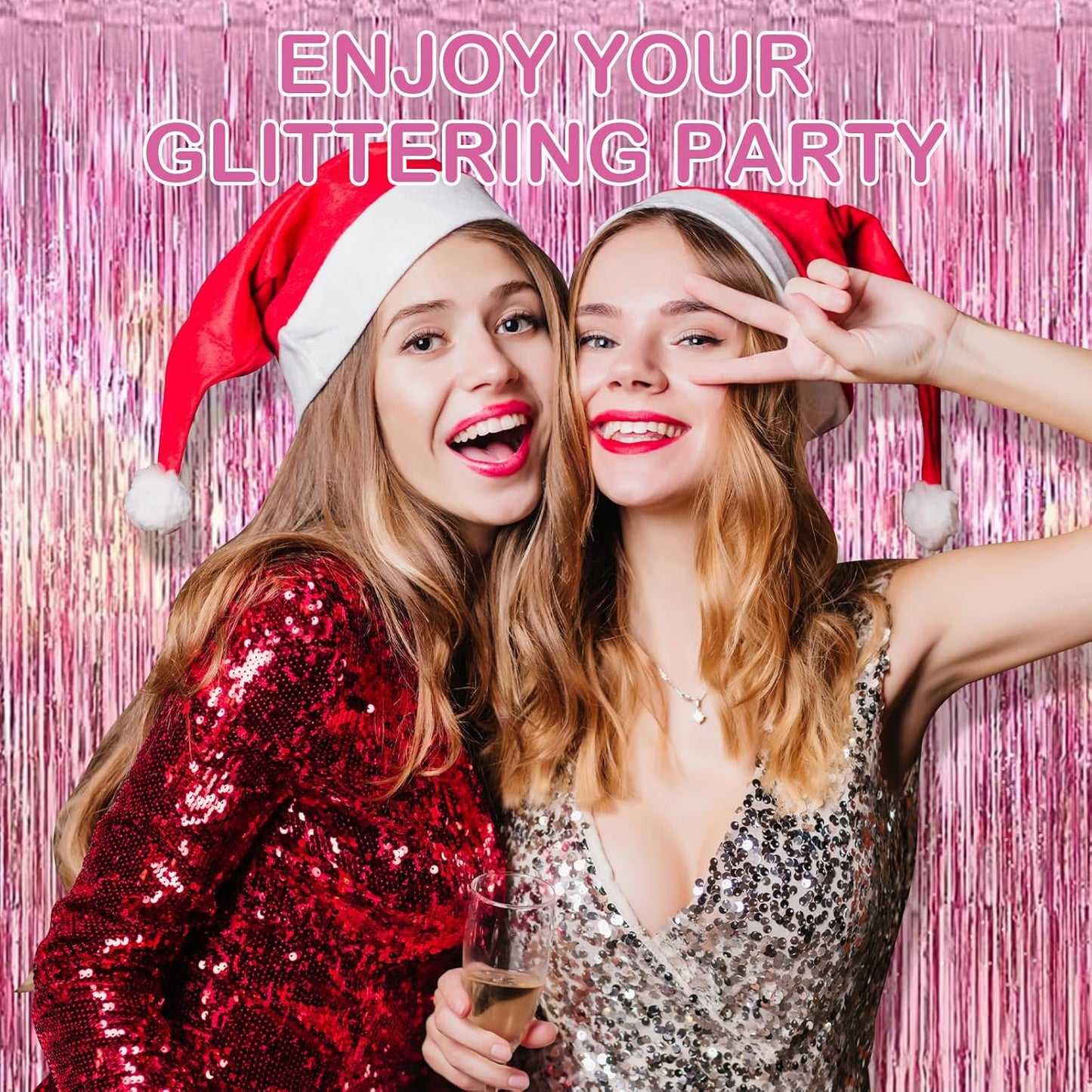 30 Pack Pink Foil Fringe Curtain Backdrop, 3.3x8.2 Feet Metallic Tinsel Streamer Curtains Photo Booth Props for Wedding/Birthday/Baby Shower/Valentine's Day/Princess Themed Party Decorations
