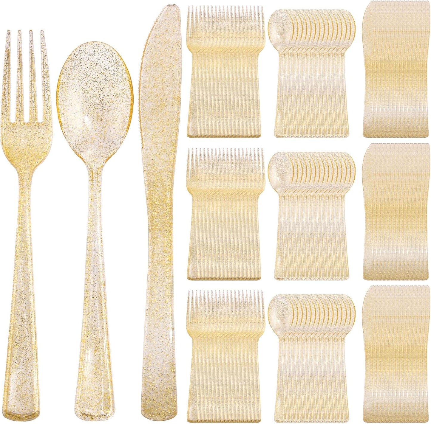 Supernal 300pcs Gold Glitter Plastic Cutlery Disposable Utensils Gold Plastic Silverware Sets Include 100 Forks, 100 Spoons & 100 Knives Serves for 100 Guests Suitable for Party,Thanksgiving