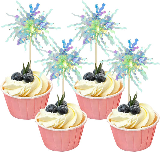 Gyufise 30Pcs Foil Firework Cupcake Toppers Sparkle Tinsel Cake Toppers Tinsel Drink Cake Decoration Cocktail Picks for Birthday Wedding Graduation Party Supplies Green