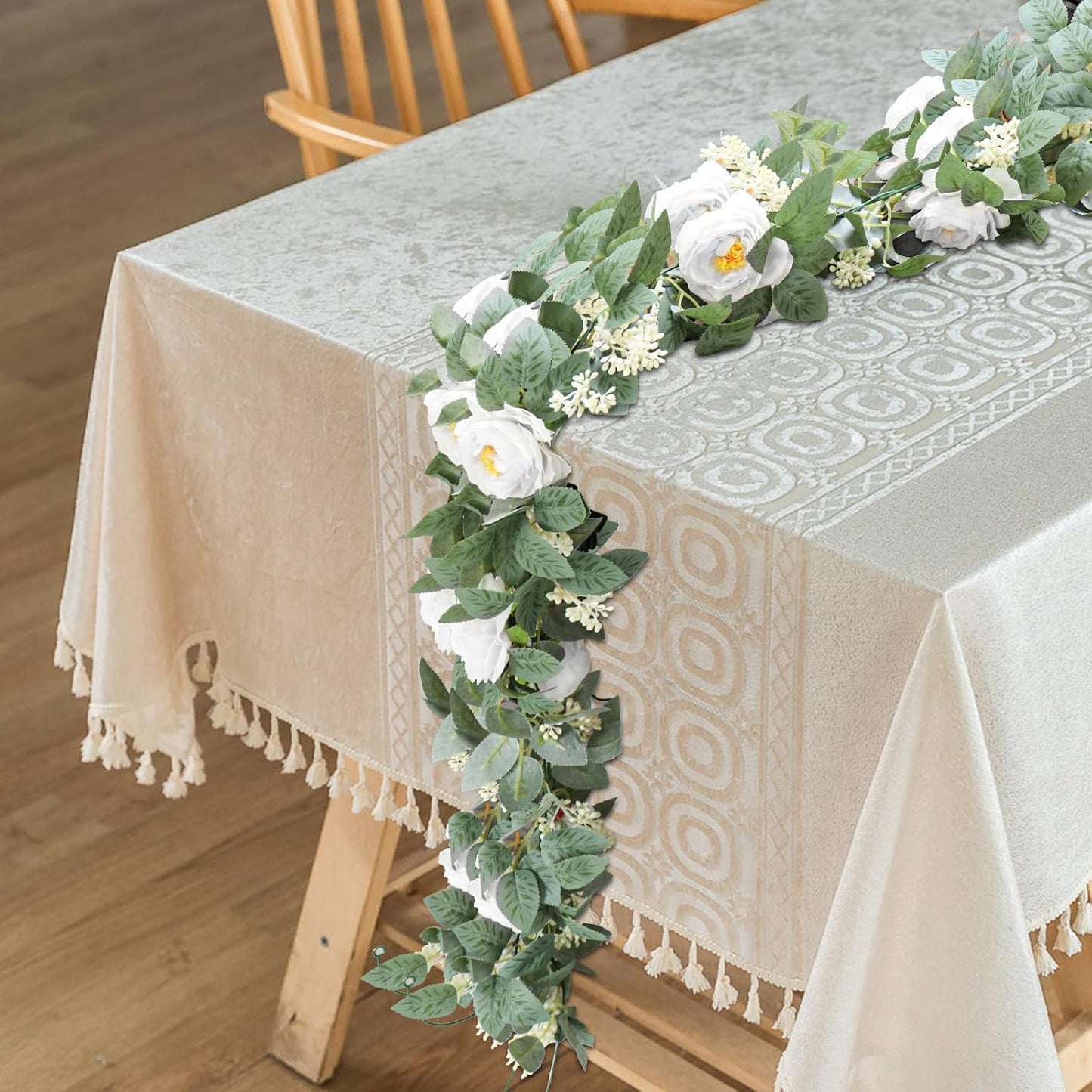 Uguisu 2 Pieces Artificial Eucalyptus Garland, 5.9 Feet Artificial Greenery, Spring Garland - for Wedding Decor, Parties, fireplaces, Tables, Indoor and Outdoor Decor. White