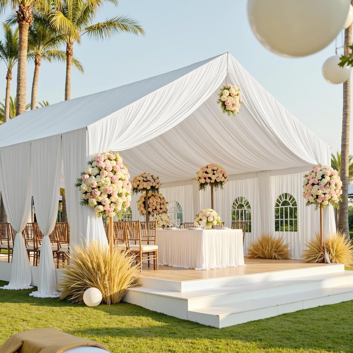 PartyVillage 50ftx40ft White Ceiling Curtain for Wedding Parties – 10 Panels Wrinkle-Free 40 FT Long Tent Draping Curtains for Wedding, Birthday & Theme Parties, 40ft Height with Rod Pocket