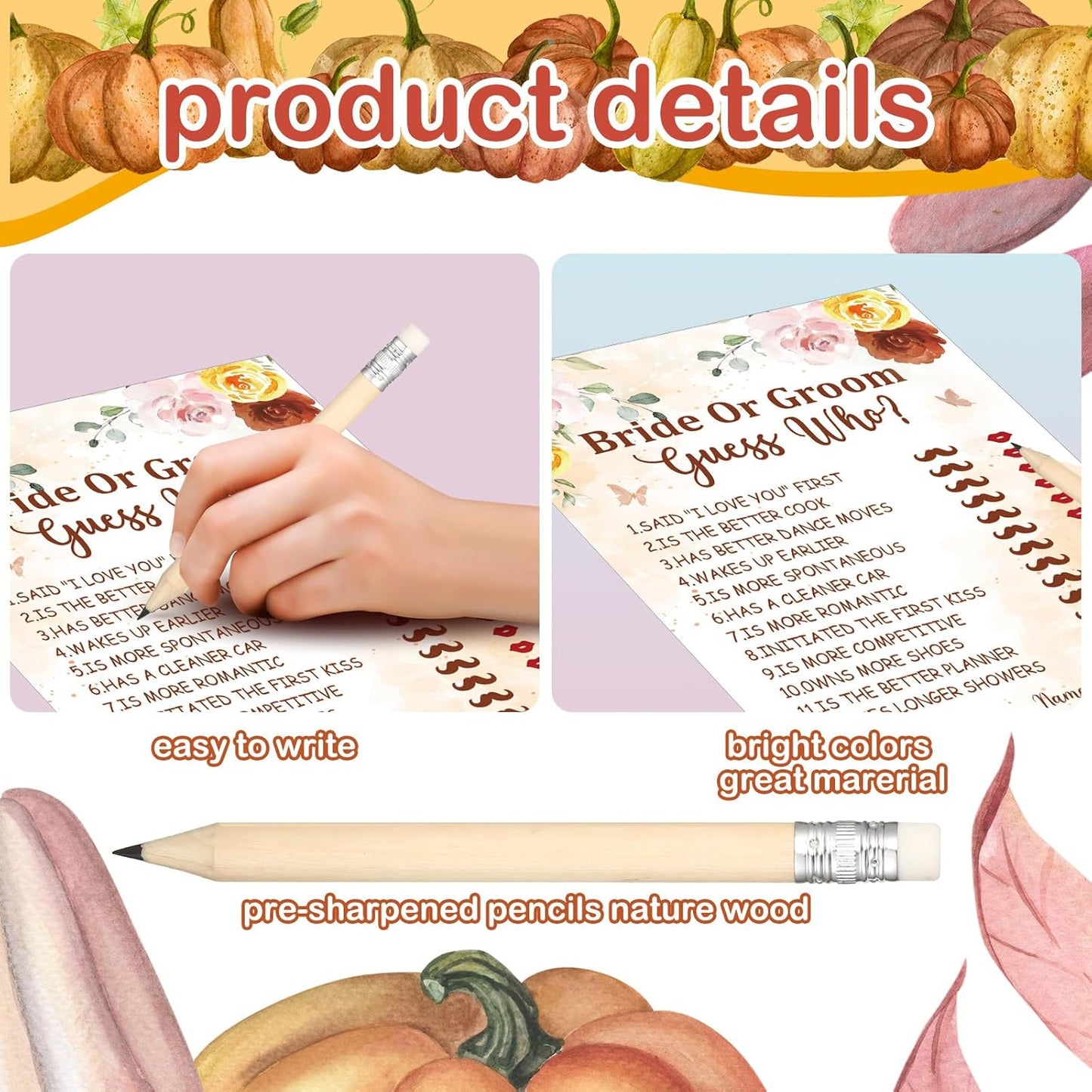 Teling 145 Pieces Bridal Shower Game Bridal Shower Favors Set Wedding Games Cards and Pencils for Bride Groom Bachelorette Party Wedding Party Favor(Fall in Love)