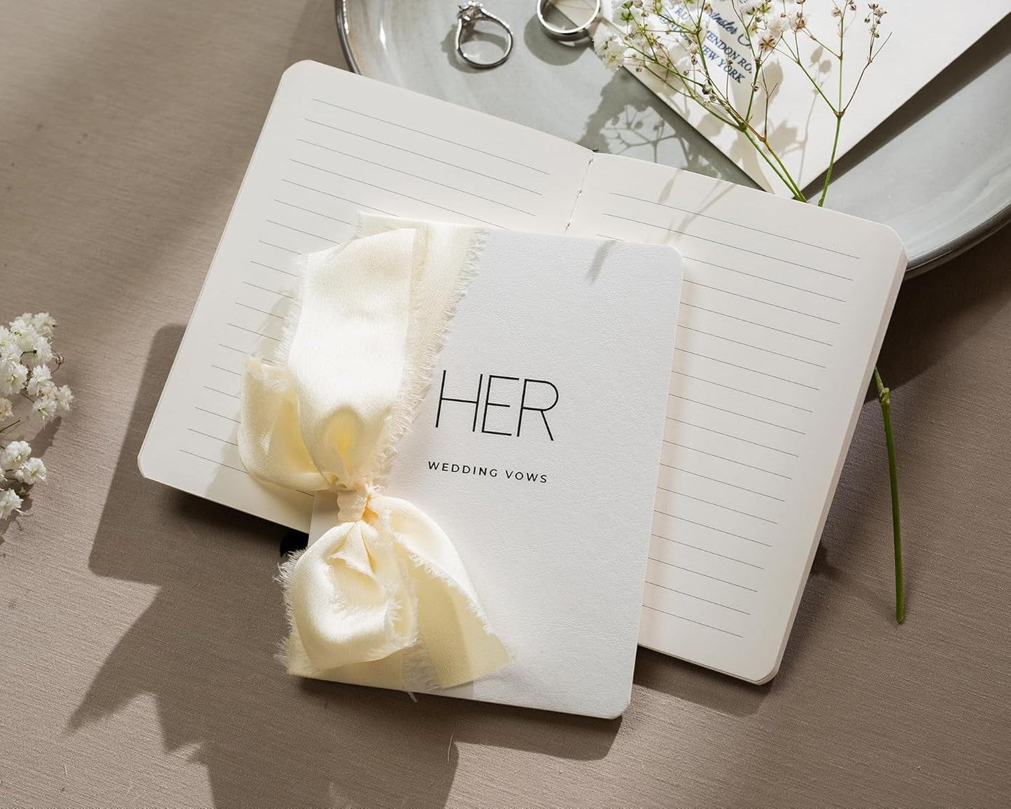 Black White His Her Slim Vow Books w/Ribbon (Set of 2) - 5.625 x 4" Minimalist Pocket Sized Modern Wedding Ceremony Vow Renewal Speech Notebook Journal