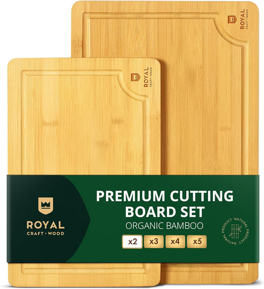 ROYAL CRAFT WOOD Wooden Cutting Boards for Kitchen Meal Prep & Serving - Bamboo Wood Serving Board Set with Deep Juice Groove Side Handles - Charcuterie & Chopping Butcher Block for Meat