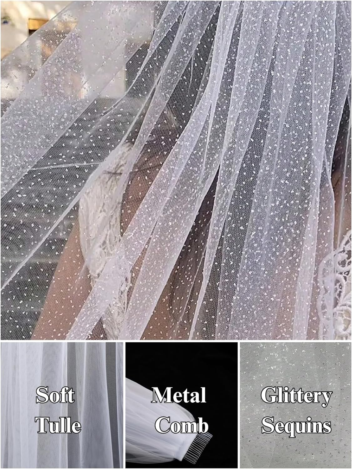 Short Glitter Wedding Bridal Veil with Metal Comb for Bride
