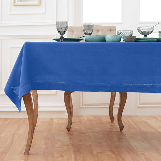 Solino Home Royal Blue Linen Tablecloth 60 x 108 Inch - 100% Pure Linen Hemstitch Table Cloth for Rectangle Tables - Classic Hemstitch, Machine Washable Tablecloth