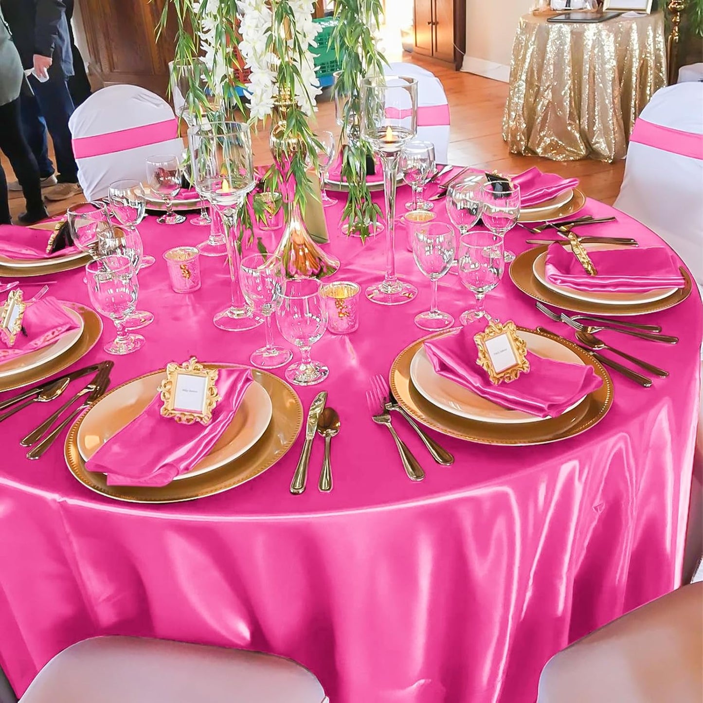 fani 6 Pack 120 Inch Hot Pink Satin Tablecloth - Silky Round Tablecloth Overlay Smooth Fabric Table Cover, Bright Table Decoration for Wedding Party Banquet Events Restaurant Kitchen Dining