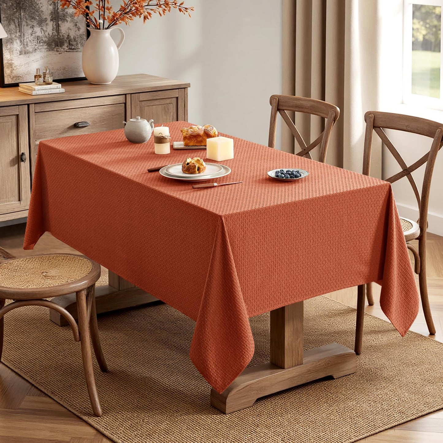 MIULEE Fall Tablecloth Burnt Orange Linen Cottton Table Cloth Rectangle Waterproof Spillproof Cross-Star Textured Table Cltoth Decorative Farmhouse for Dining Party Weddings 60x120 Inch