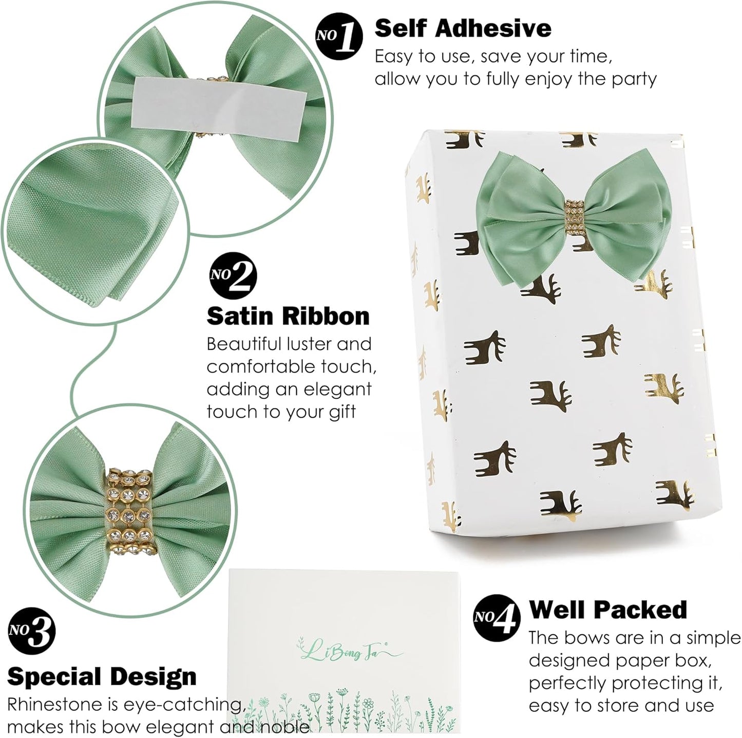 Moss Green Ribbon Bows 4'' Premade Satin Bow, Gift Bows with Rhinestone, Wrapping Bows for Presents, Greeting Cards, Treat Bags, Wine Bottles, Valentines Bows for Gift Wrapping-12 Counts