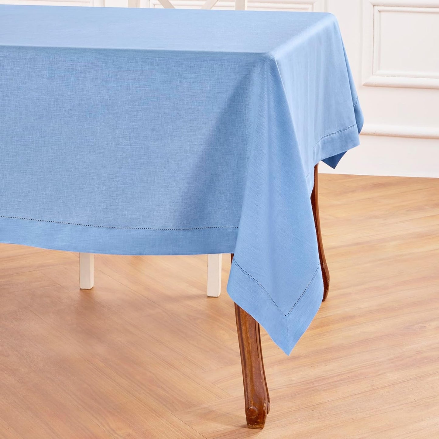 Solino Home Cornflower Blue Linen Tablecloth 60 x 144 Inch - 100% Pure Linen Hemstitch Table Cloth for Rectangle Tables - Classic Hemstitch, Machine Washable Tablecloth