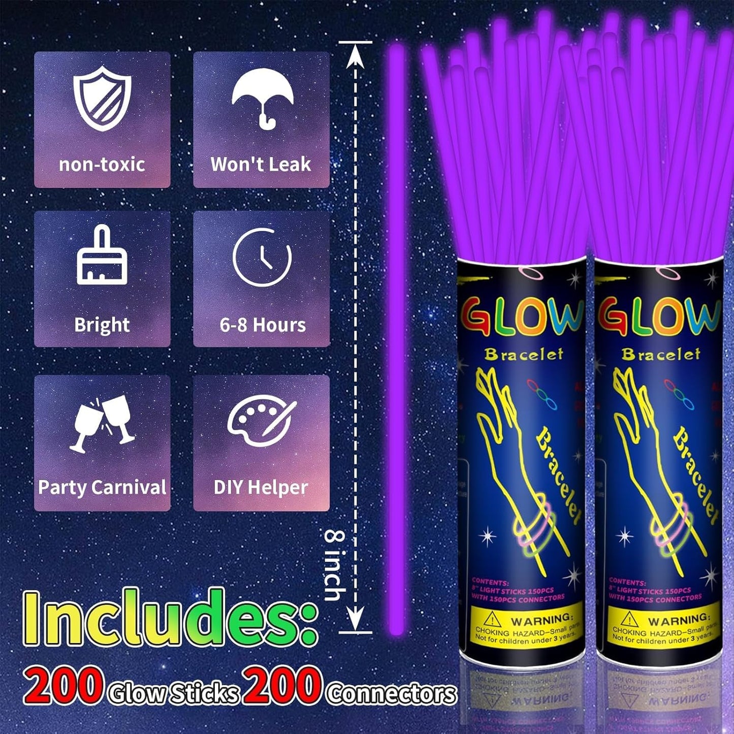 200 Pack 8'' Glow Sticks Bulk Party Favors Purple Light Up Sticks with Connectors Neon Glow in the Dark Party Supplies Bracelets for Holiday Birthday Party Decoration(Purple)