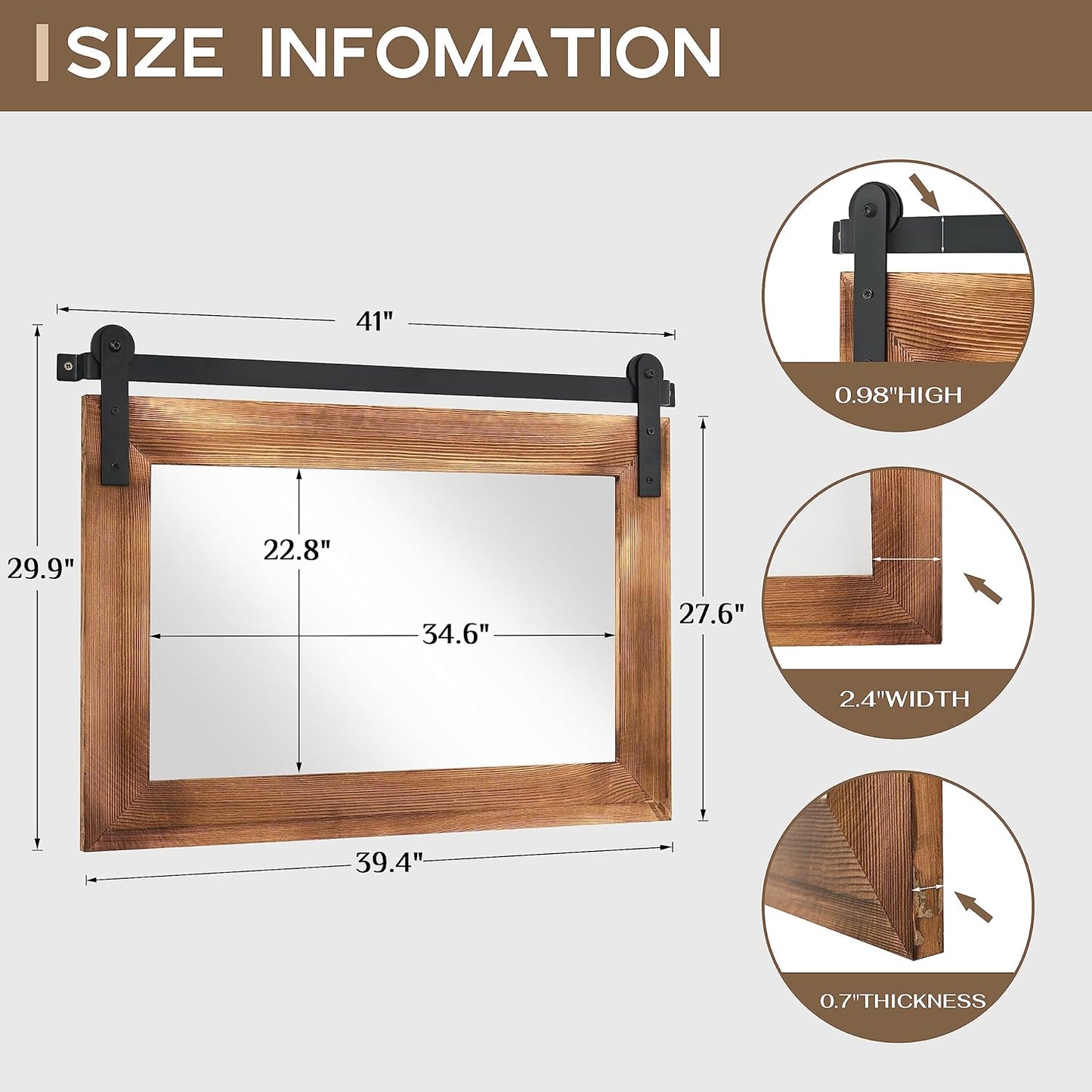 COGOOD Farmhouse Bathroom Mirror - 41" x 30" Rustic Barn Door Mirror for Living Room, Entryway, Bedroom, Vanity Wall Decor (Brown)