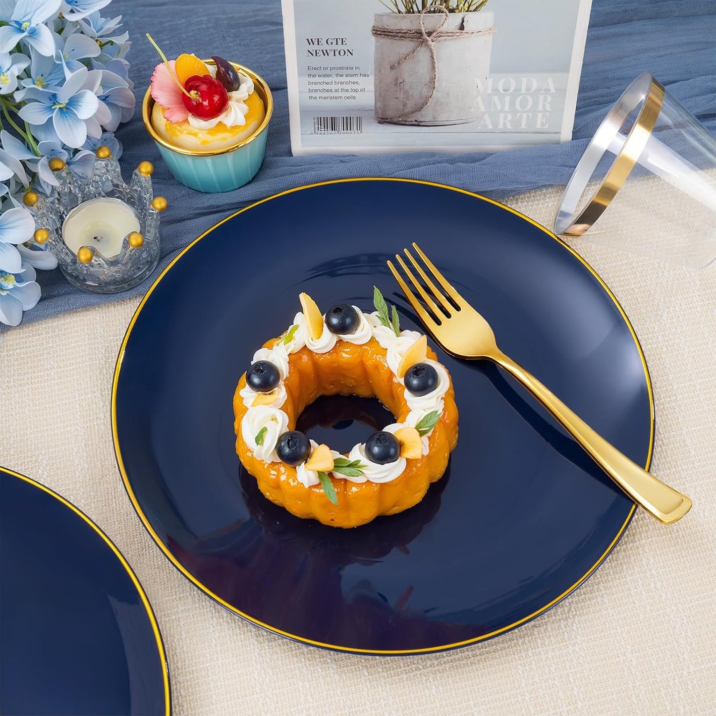 NOCCUR 350PCS Navy Blue Plastic Plates - Blue Disposable Dinnerware Set for 50 Guests, 100 Dinner/Dessert Plates, 150 Gold Silverware, 50 Cups&50 Napkins for Party/Wedding/Labor Day