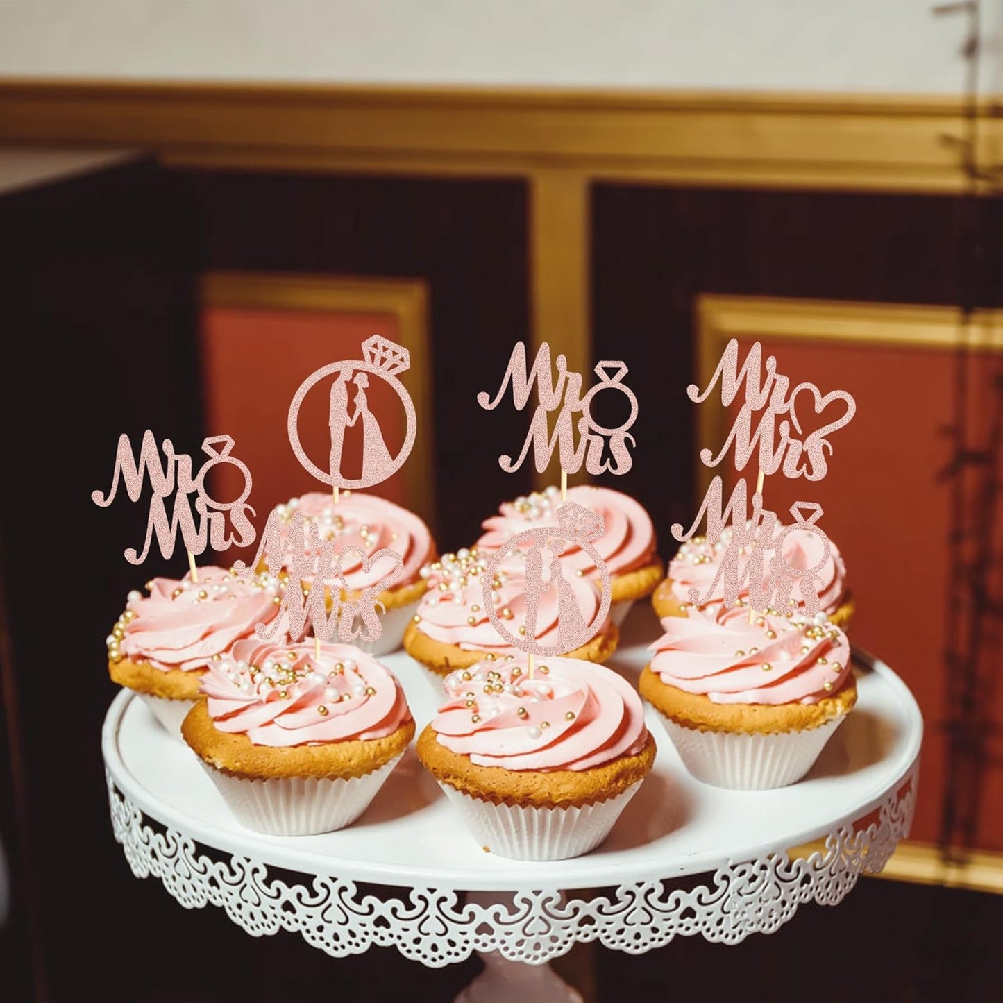Sotpot 24PCS Miss to Mrs Cupcake Toppers with Ring Rose Gold Glitter for Wedding Bridal Shower Wedding Engagement Party Cake Decorations