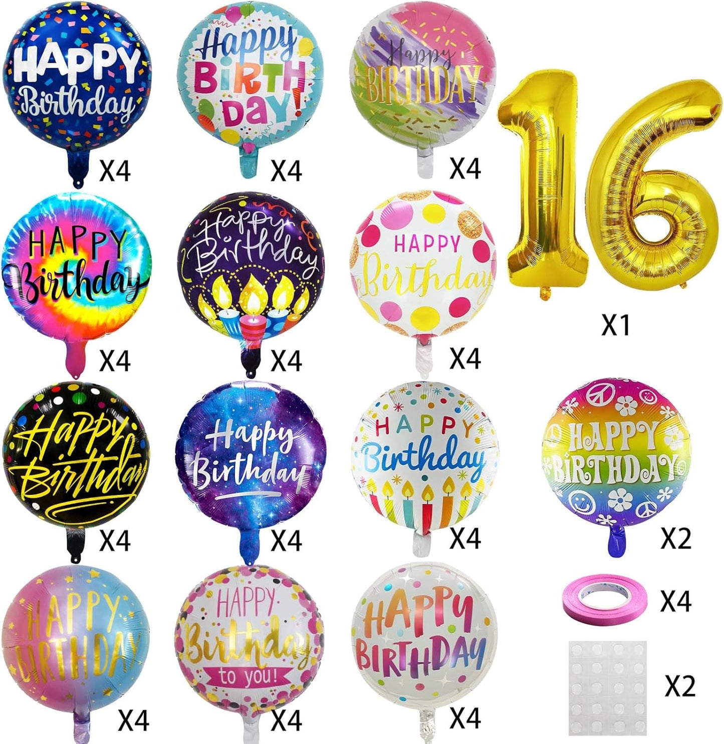 50 Pcs Happy Birthday Party Aluminum Foil Balloons and 16th Birthday Balloons, 18 Inch Round Aluminum Foil Balloon with" Happy Birthday" Sign, Birthday Party Decorations for Boys/Girls(Yellow, 16)