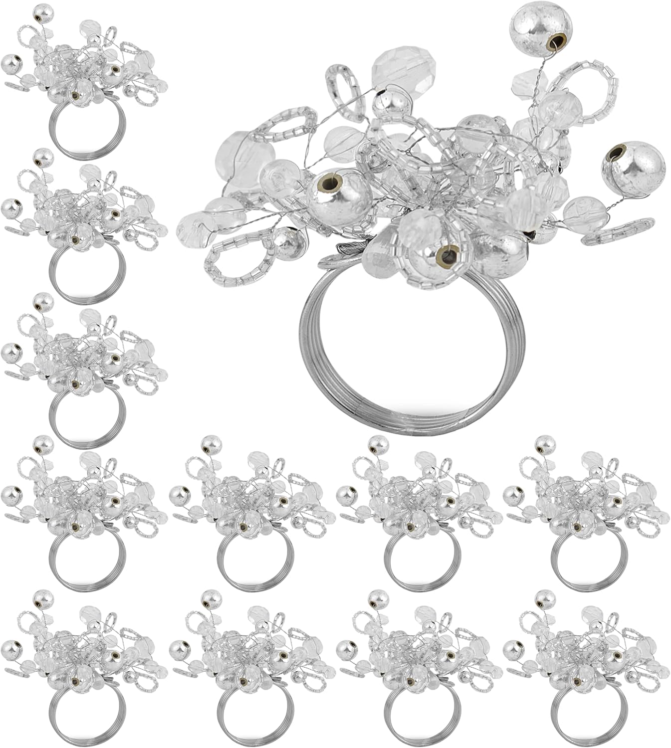 Decorative Napkin Ring Set of 12 - Handmade Glass Beads Napkin Holders for Table Setting Elegant Dining Accessory Round Heavy Duty Metal Frame Wedding & Party Table Décor (Silver) - CLEENTABLE