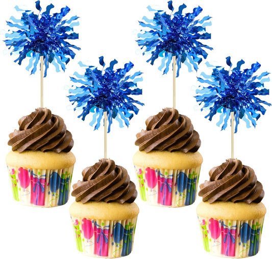 Gyufise 30Pcs Foil Firework Cupcake Toppers Happy Birthday Cake Toppers Sparkle Tinsel Flower Drink Stirrers Cocktail Food Fruit Toothpicks for Valentine's Day Party Supplies Blue