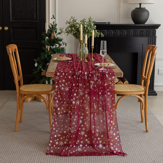 Silvery Snowflake Metallic Print Tulle Christmas Table Runner, Seasonal Winter Kitchen Dining Table Decoration for Home Party Decor 35x120 Inch (Burgundy)