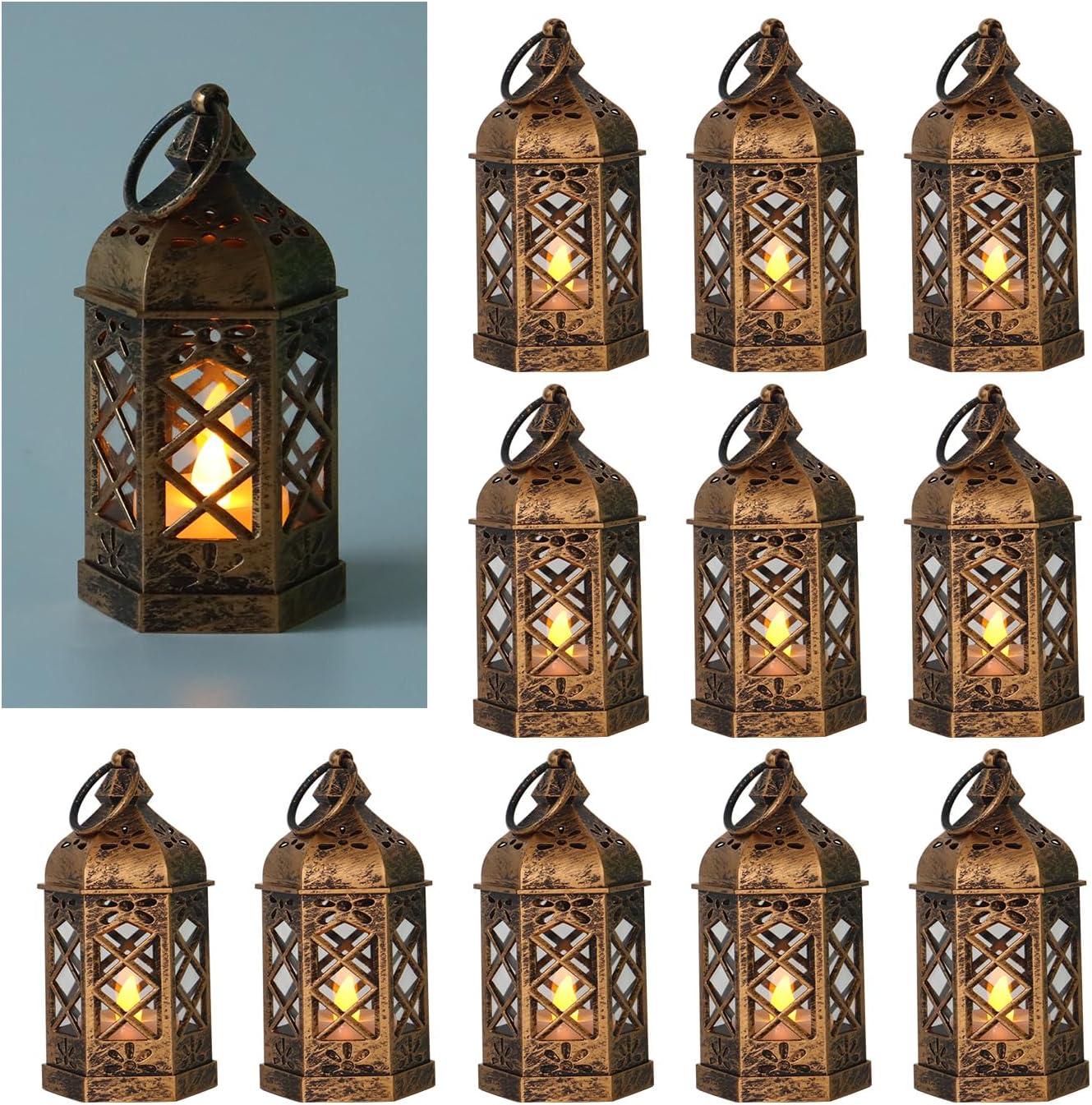 LLQ 12Pcs Mini Lantern for Centerpieces, Small Candle Lanterns Decorative Indoor, Vintage Hanging Moroccan Lantern for Halloween Decorations, Christmas Centerpieces for Tables, Wedding Table Decor