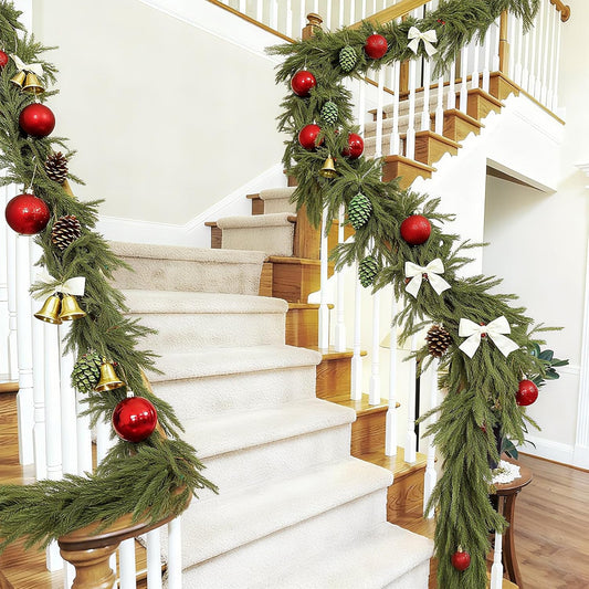 12ft Christmas Norfolk Pine Garland - Real Touch Artificial Greenery Cedar Garland for Xmas Fireplace Mantle Table Window Home Holiday Decoration