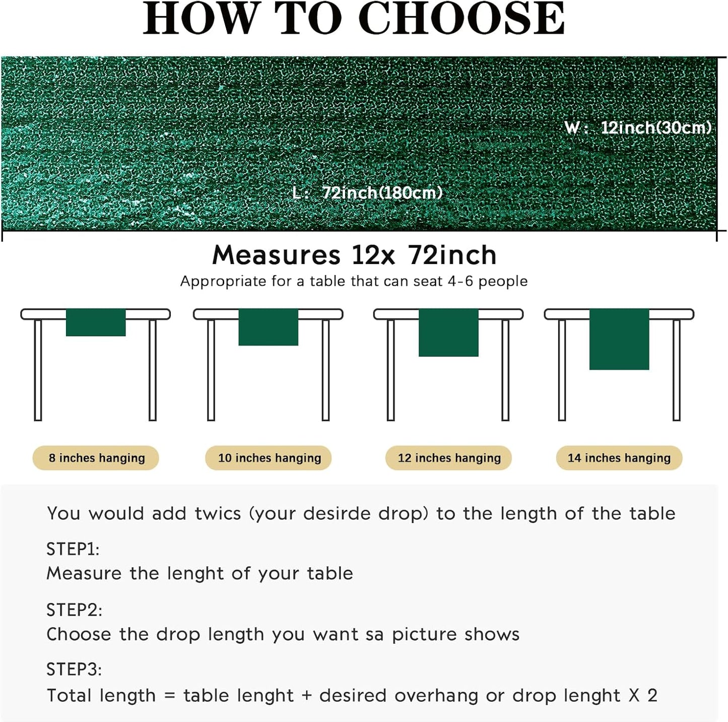 6 Packs 12 x 72 inches Sequin Table Runner, Hunter Green Glitter Table Runner for Birthday Party Supplies Wedding Engagement Baby Shower Holiday Celebration Event Decorations