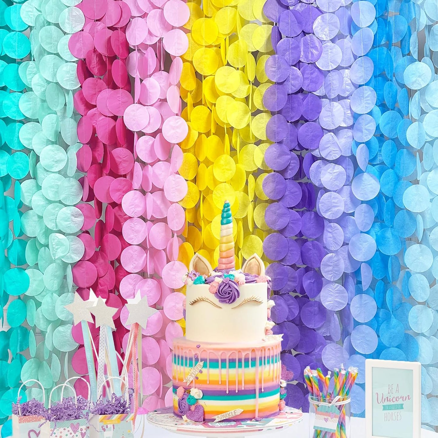 256Ft Pastel Party Decorations Big Circle Dot Backdrop Streamer Pastel Tissue Paper Polka Dots Hanging Curtain Garland for Birthday Wedding Bachelorette Engagement Baby Shower Macaron Party Supplies