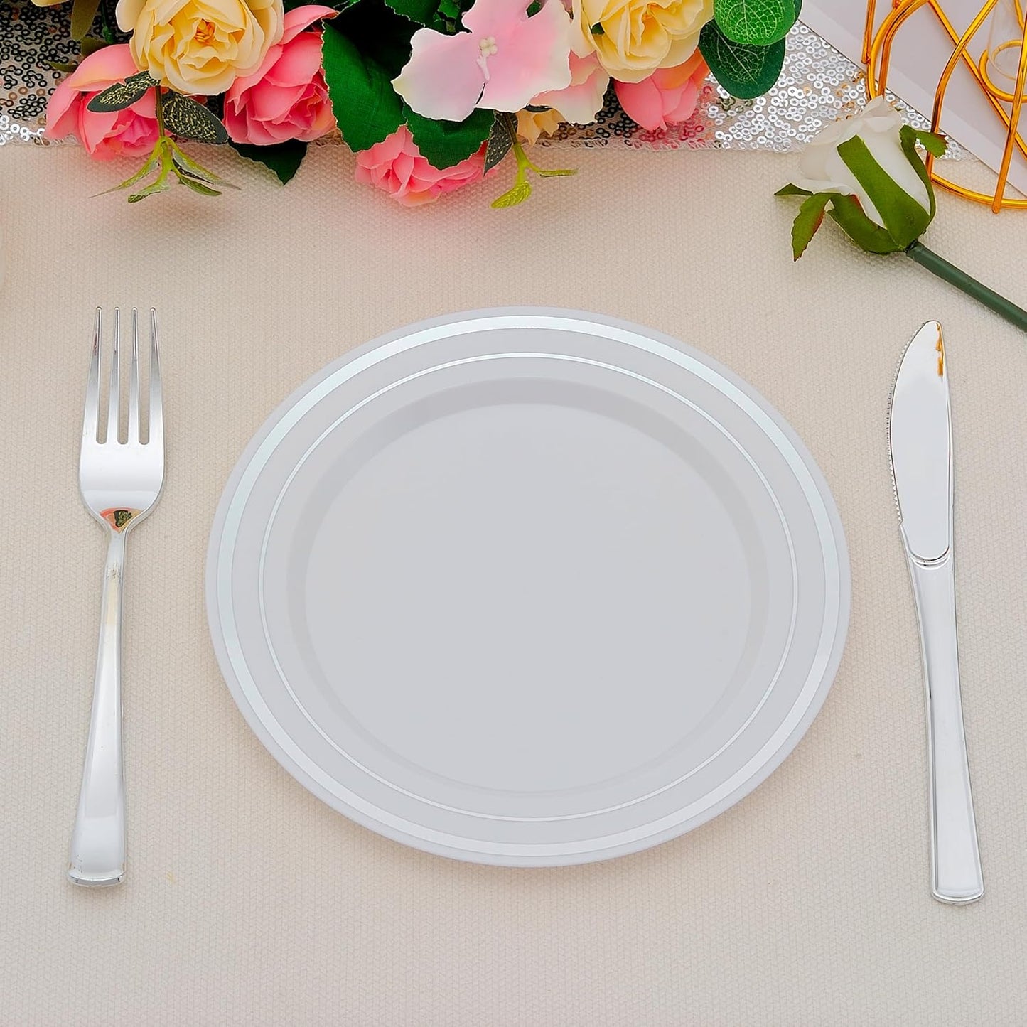 120pcs Silver Dessert Plates with Forks for 60 Guests-60pcs 7.5" Disposable Silver and White Small Plates with 60pcs 7.4" Forks-Cake/Appetizer/Salad Plate for Wedding,Birthday,Party