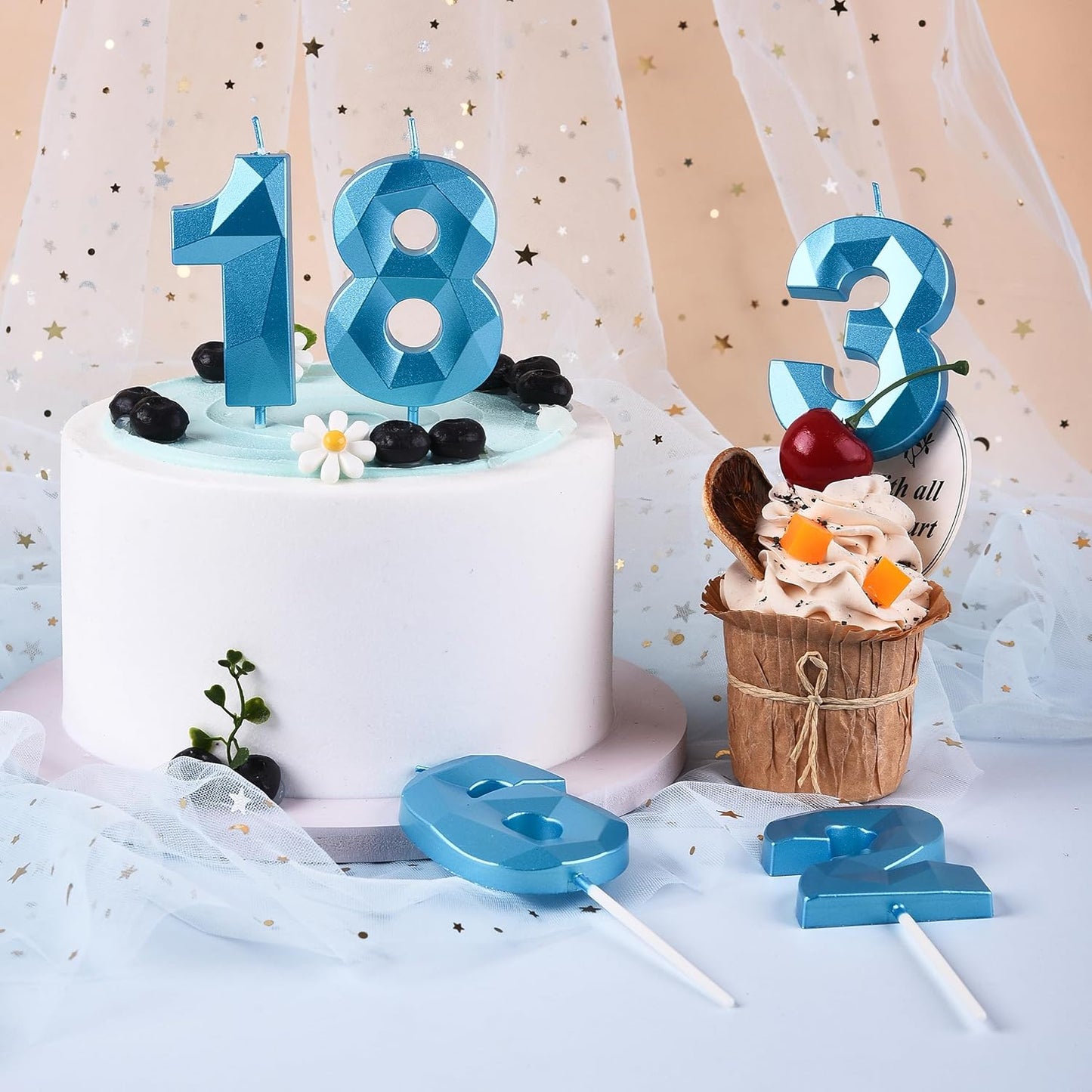 PHD CAKE 2.76 Inch Crystal Blue 8 Number Birthday Candles, Blue Number Candles, Cake Number Candles, Party Celebration