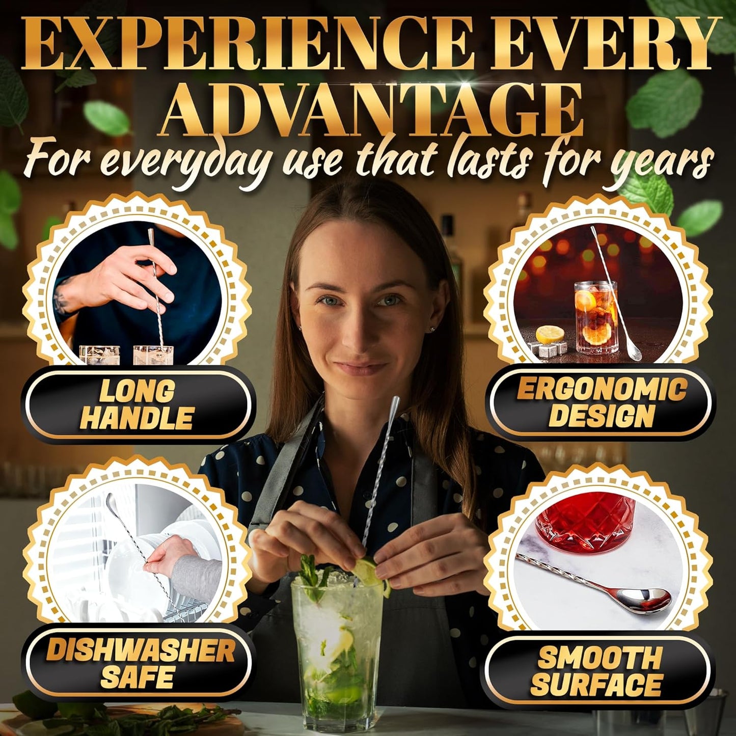 8 Pcs Bar Spoon Cocktail Mixing Spoon – 12'' Stainless Steel Cocktail Stirrers for Drinks, Polished Surface, Easy to Clean – Useful Bar Spoons for Professional and Home | Caviar Spoons